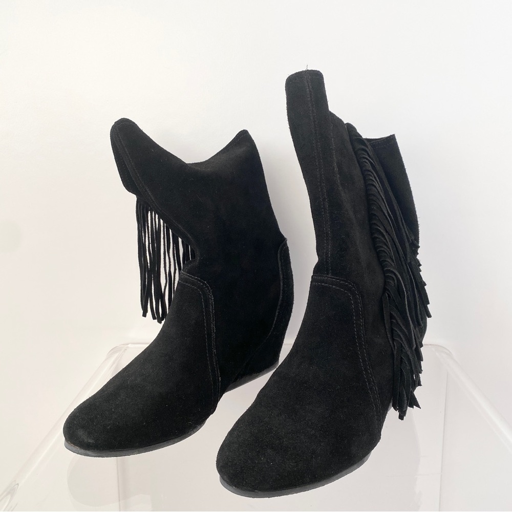 Colin Stuart Slouchy Fringe Calf Boots in Black Suede 7.5